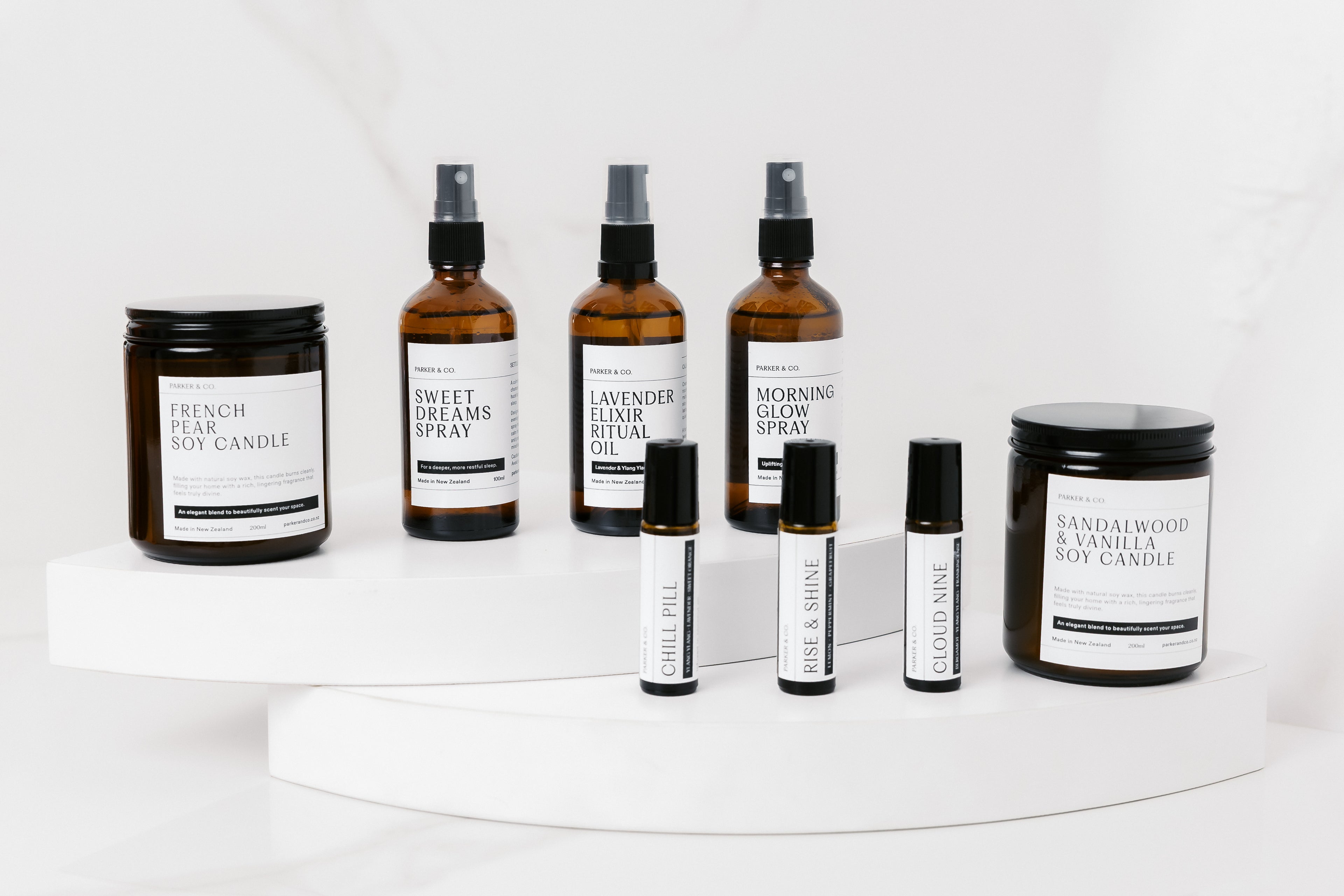 Parker & Co range of products new zealand soy candles, sleep sprays, magnesium balms, room sprays, essential oils